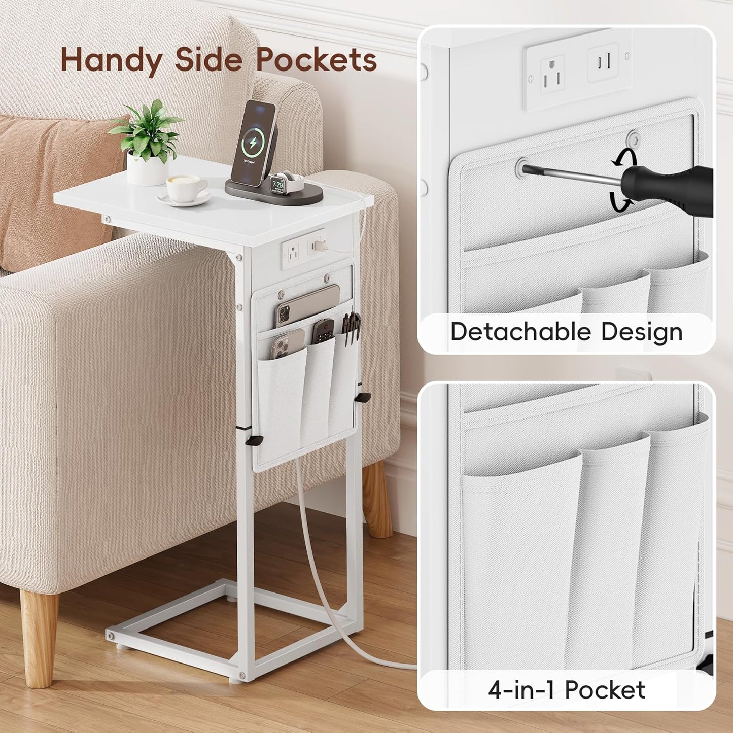 Vagusicc C Shaped End Table with Charging Station, Adjustable Height Side Table for Couch, Small Sofa Table for Small Spaces, Slide Under Sofa Table TV Tray Arm Tables for Living Room, Bedroom, White