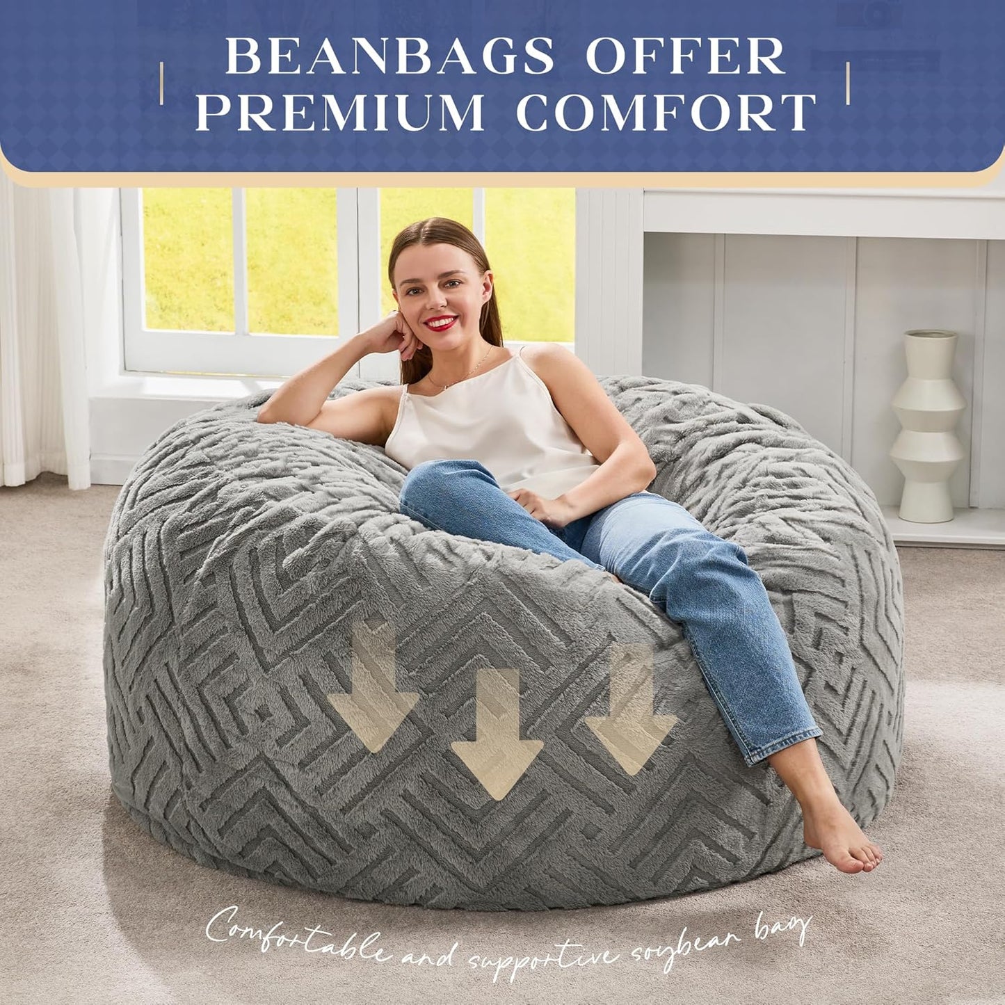 Hobestluk Bean Bag Chairs Adults Beanbag Chair with Filler Large Bean Bags with Fluffy Embossed Cover, Giant Bean Bag Chairs for Adults (Grey, 4FT - 44” x 44” x 24”)