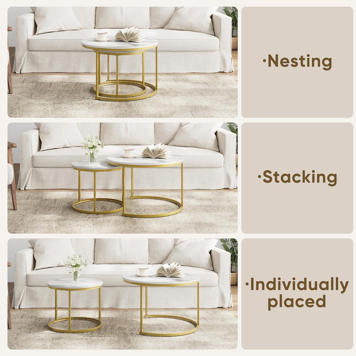 Smuxee White Nesting Coffee Table Set of 2, 27.6" Round Coffee Table Wooden Marble Pattern with Adjustable Non-Slip Feet, Industrial End Table for Living Room Bedroom Balcony