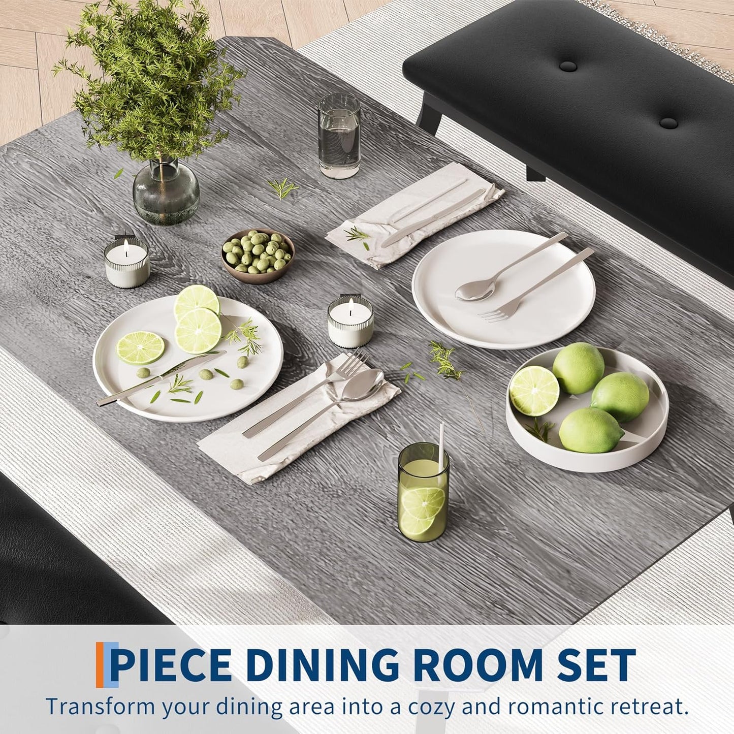 GAOMON Dining Table Set for 4, Metal Frame Kitchen, 3 Piece Dining Room Table Furniture for Apartment, Studio, Home, Easy Assembly, Grey
