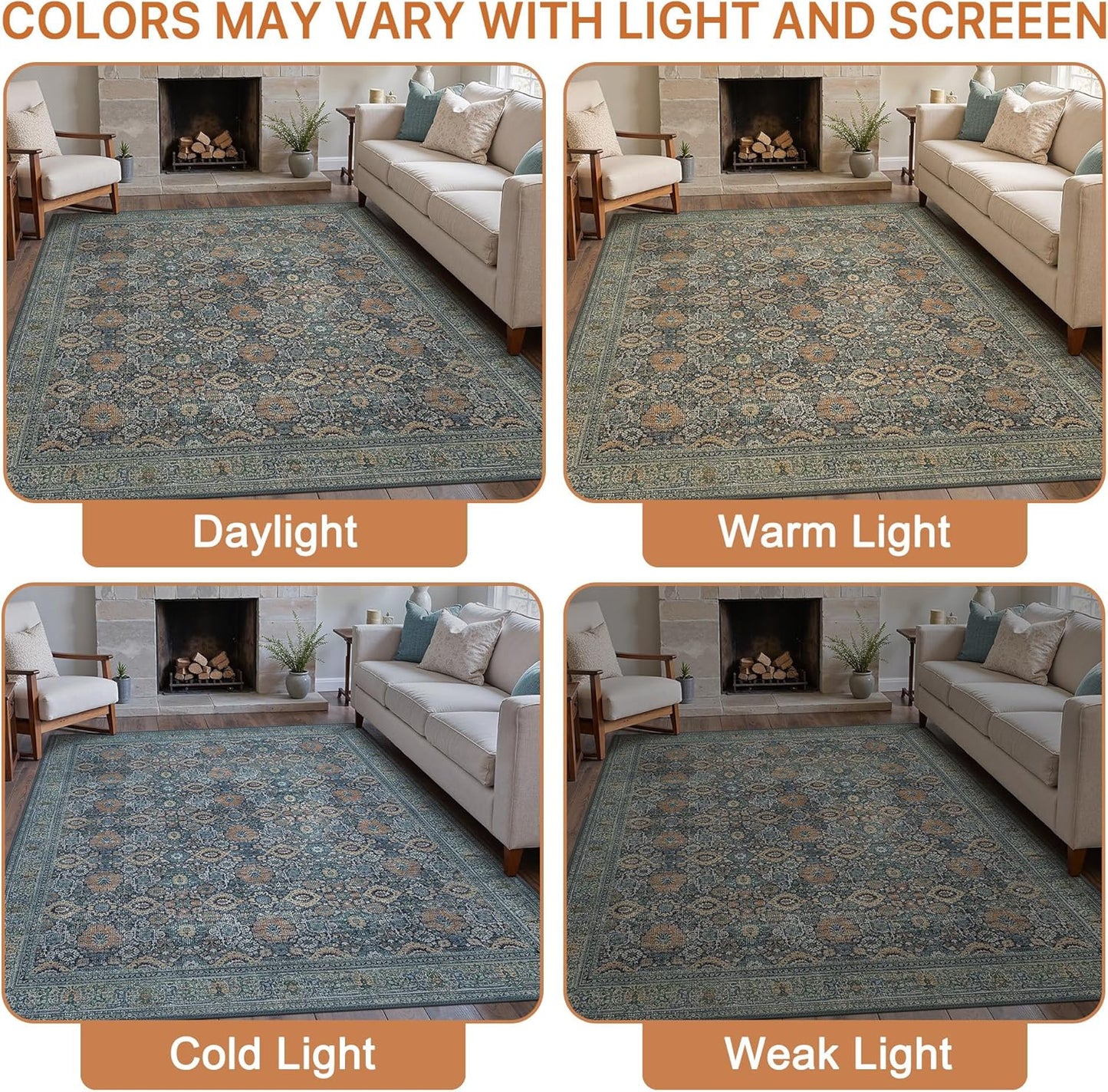 10X14 Area Rugs Machine Washable Rugs for Living Room, Vintage Boho Large Rugs for Bedroom Dining Room, Non Slip Indoor Soft Distressed Lightweight Thin Low Pile Carpet, Beige Blue Grey