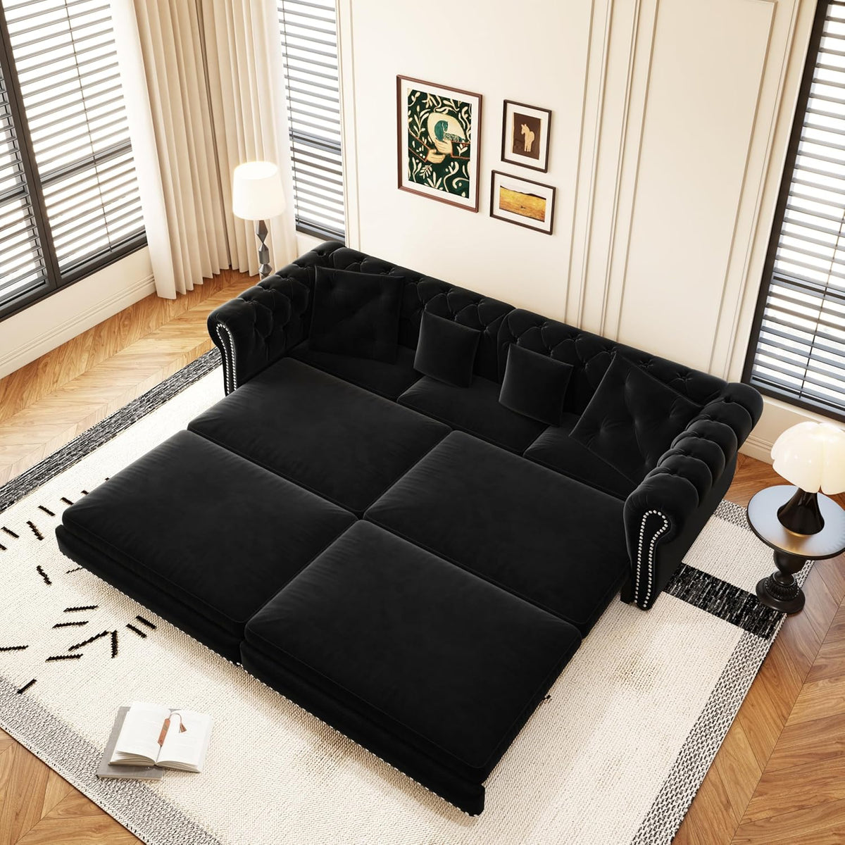 KEIKI 3-in-1 Velvet Chesterfield Sofa Bed with Ottoman, Convertible King Size Sleeper Couch, Rolled Arm Design, Comfortable 3-Seater for Living Room or Bedroom, Black