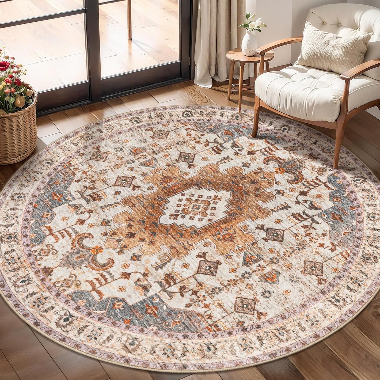 Tangsoo Vintage Round Rug 5ft Washable Circle Rug, Non Slip Boho Round Area Rug, Low Pile Circular Rugs, Round Carpet for Bedroom,Livingroom,Nursery,Dorm,Office,Turmeric