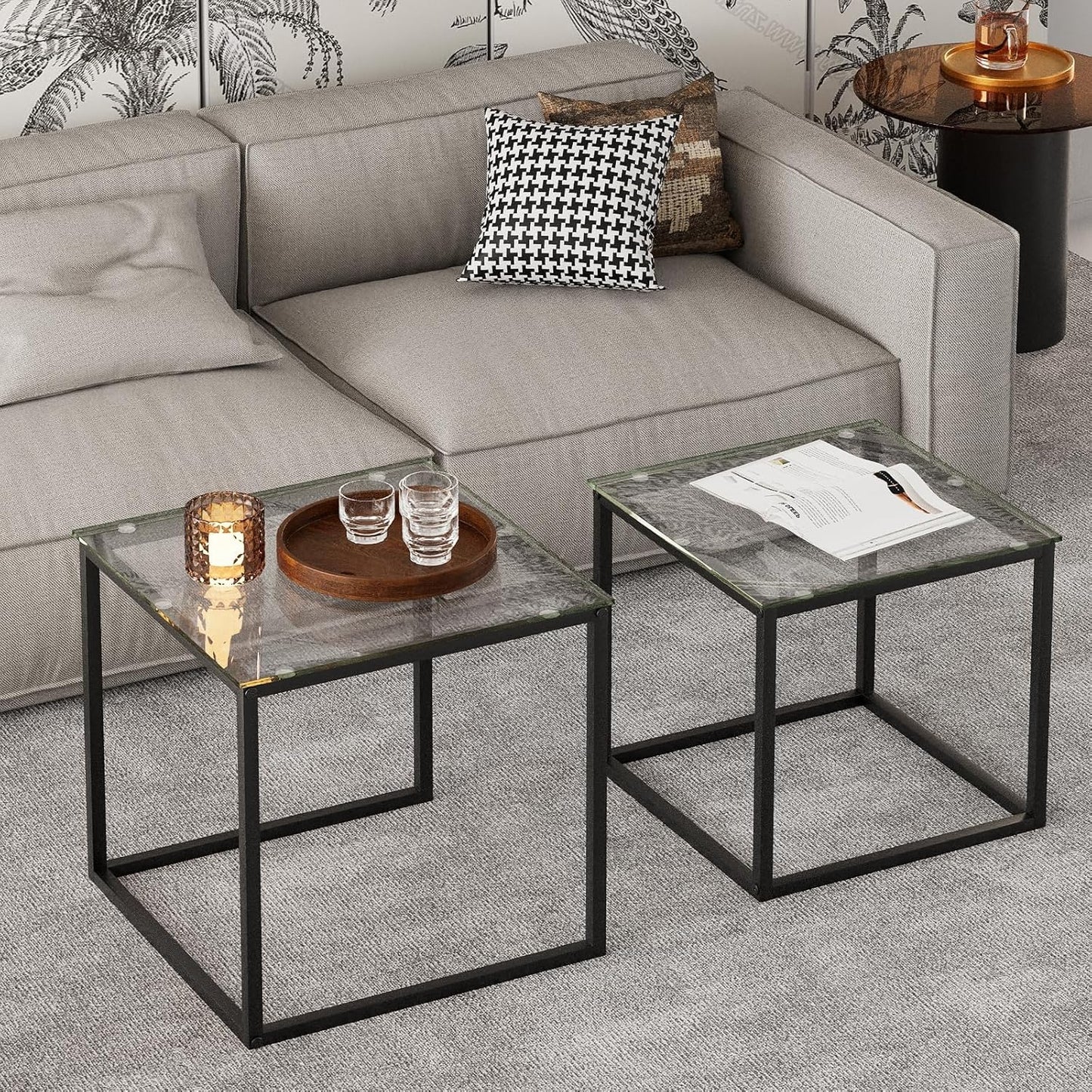 Garden 4 you Coffee Table Set of 2, Modern Glass Nesting Table, Metal Frame Square Center Table Set, Side Tables, Nesting Coffee Table for Living Room, Bedroom and Small Spaces, 19.7in Black