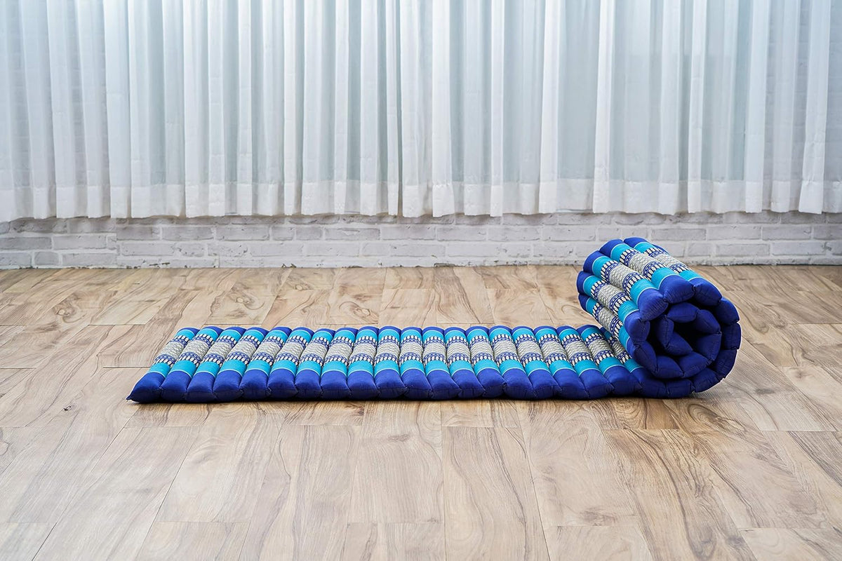 Leewadee - Foldable Floor Mattress - Japanese Roll Up Futon -Trifold Tatami Mat- Guest Floor Bed - Camping Mattress - Thai Massage Mat, Kapok Filled, 75 x 20 inches, Blue