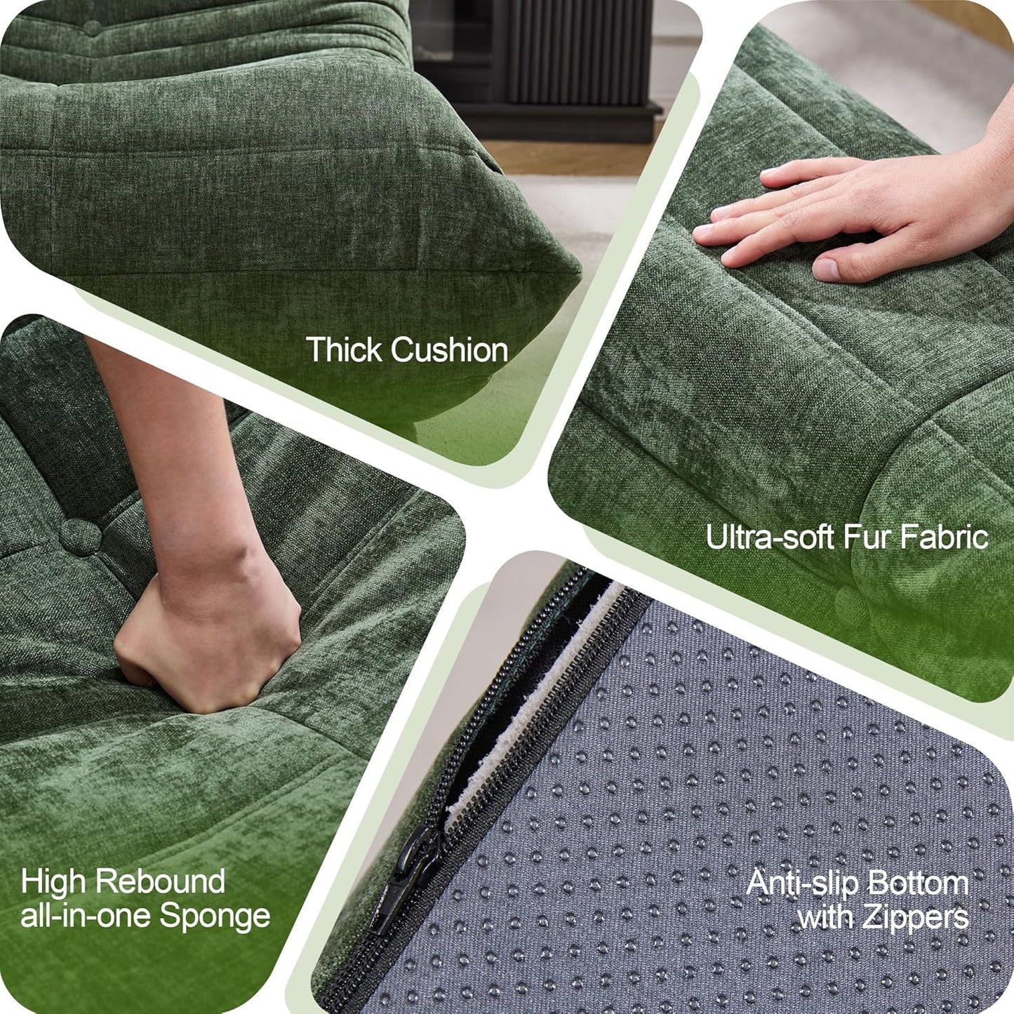 Hobestluk Bean Bag Chairs for Adults Giant Bean Bag Chair Memory Foam BeanBag Chair Bean Bag Sofa with Filler Faux Fur Fireside Beanbags Lazy Sofa for Living Room Bedroom (Green Chenille, 3-Seater)