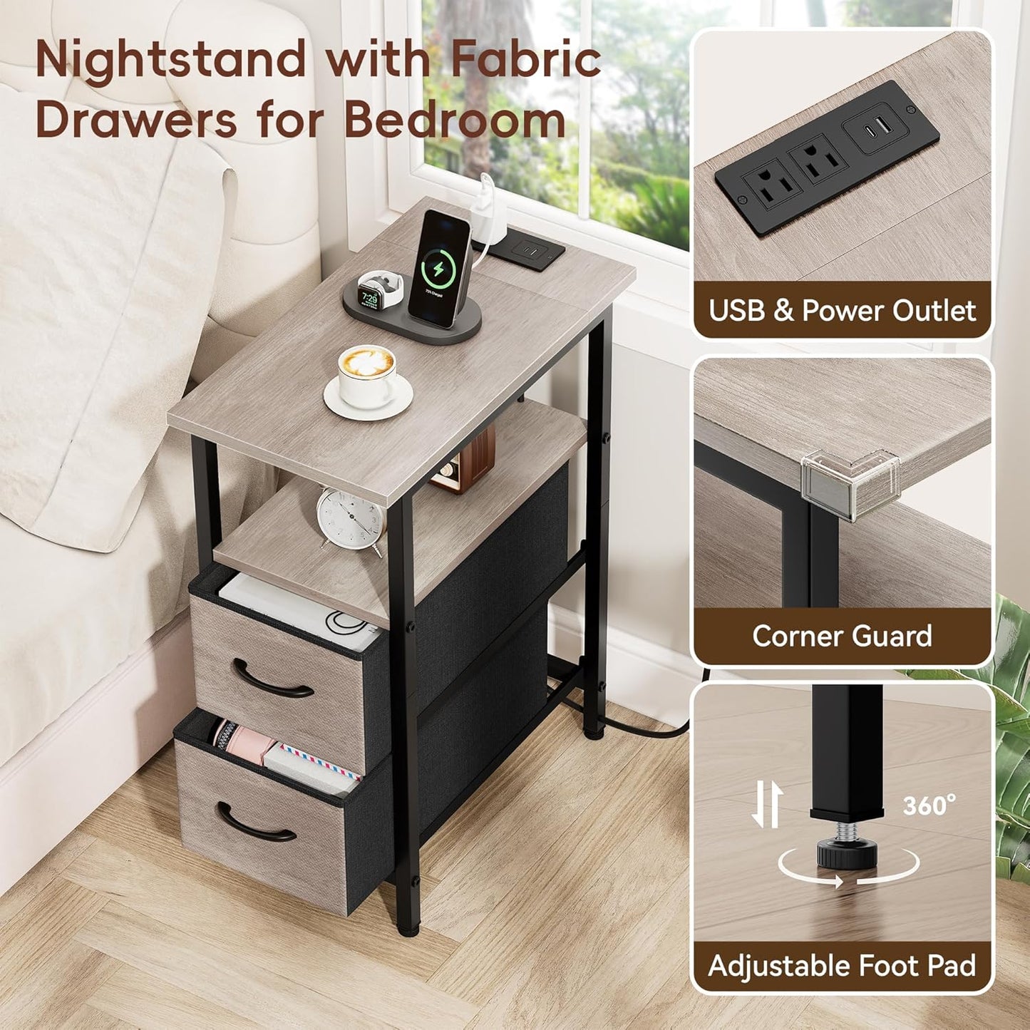 Vagusicc Nightstand with Charging Station and LED Lights, Narrow Side Table, LED Night Stand with 2 Fabric Drawers, Bedside Table with USB Ports and Outlets, Tall Nightstand for Bedroom, Rustic Grey
