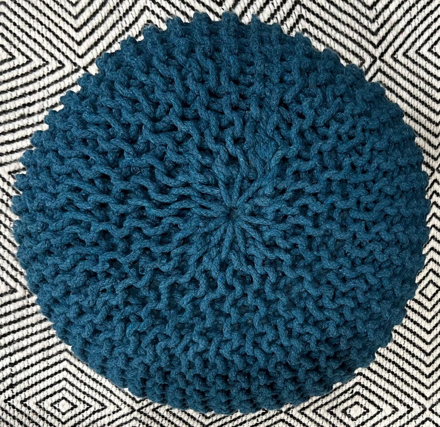 FRELISH DECOR Round Pouf Ottoman Hand Knitted 100% Cotton Pouf Foot Stool - Knitted Bean Bag - Floor Chair for Living Room Bedroom - Foot Rest for Couch (20 Diameter x 14 Height) - Teal