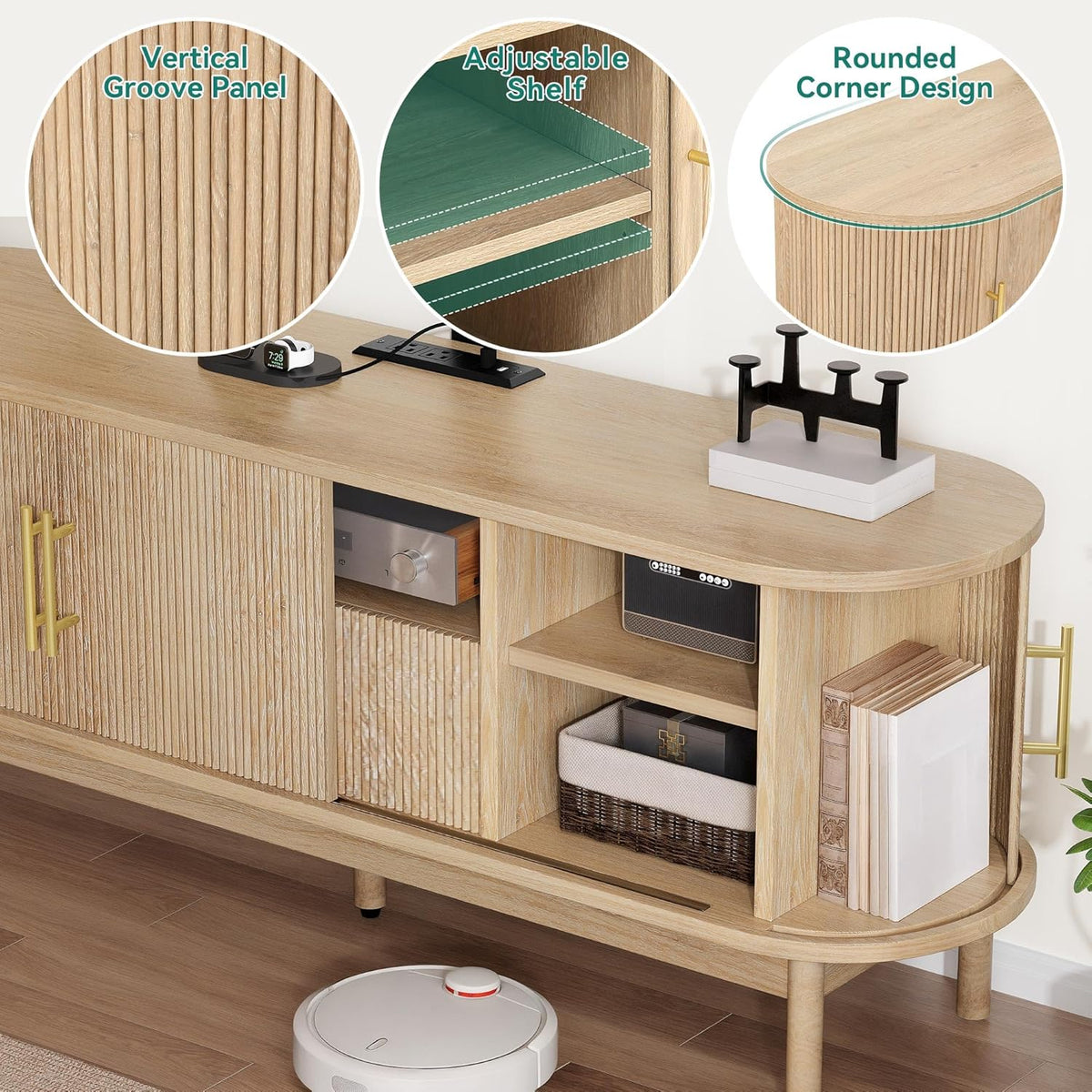 YITAHOME Fluted TV Stands for Living Room with Mount, Modern Entertainment Center for 32-70 inch TVs, LED Curved TV Stand with PowerOutlets & LED Light, Curved Profile Design, Natural Oak