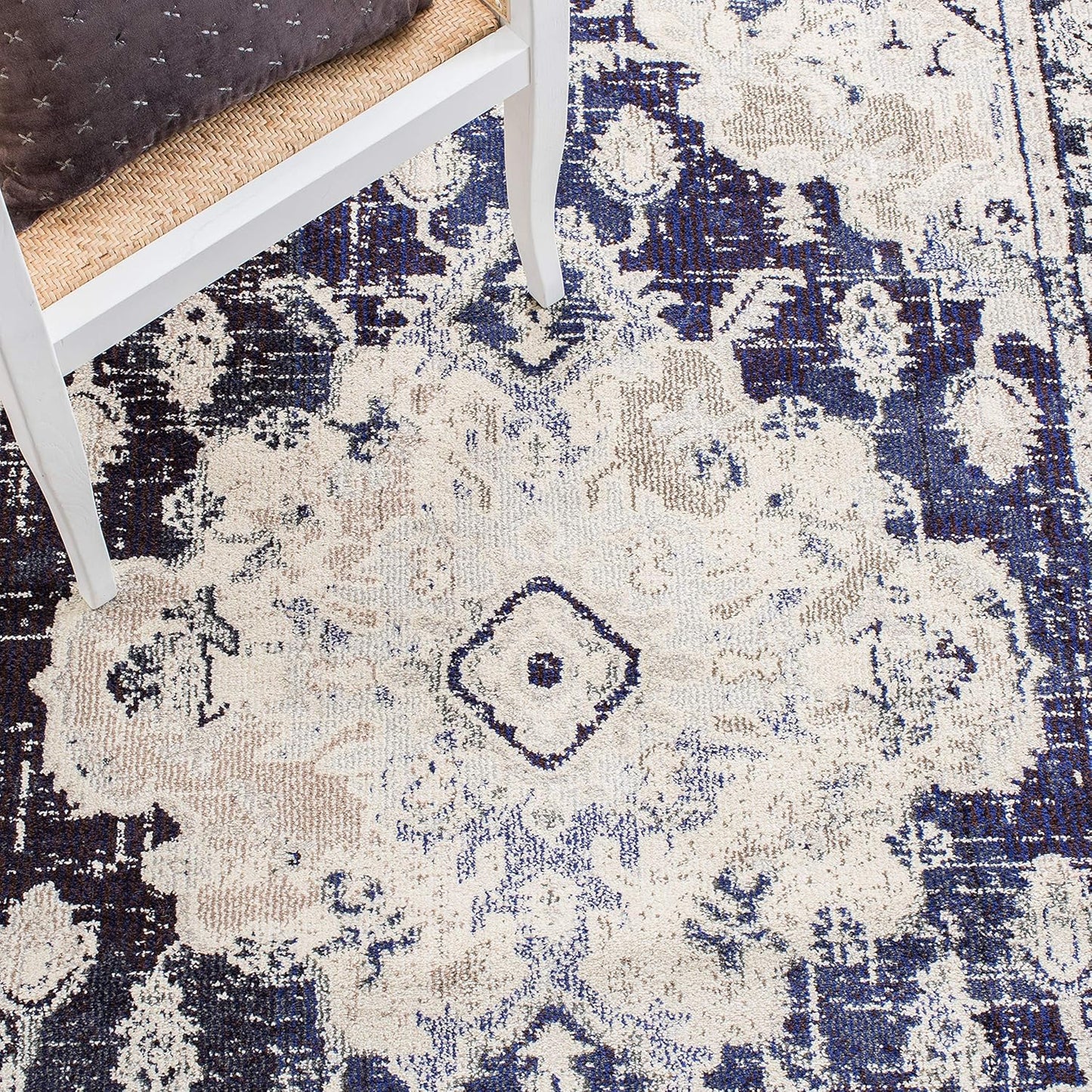 SAFAVIEH Monaco Collection Area Rug - 8' x 10', Ivory & Navy, Boho Chic Medallion Distressed Design, Non-Shedding & Easy Care, Ideal for High Traffic Areas in Living Room, Bedroom (MNC243C)
