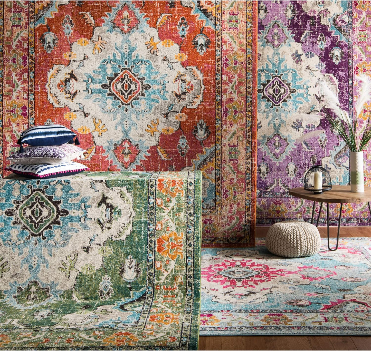 SAFAVIEH Monaco Collection Area Rug - 10' x 14', Orange & Light Blue, Boho Chic Medallion Distressed Design, Non-Shedding & Easy Care, Ideal for High Traffic Areas in Living Room, Bedroom (MNC243H)