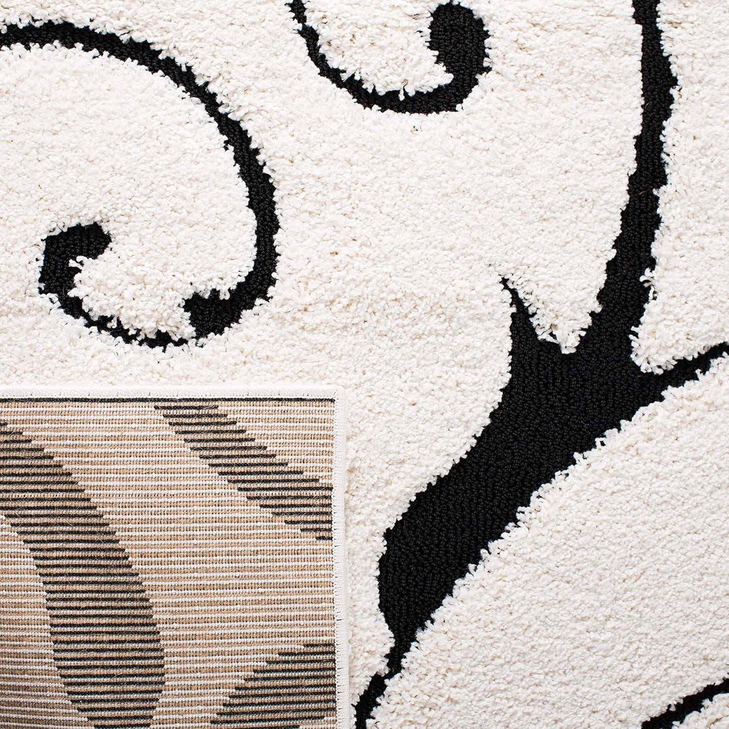 SAFAVIEH Florida Shag Collection Area Rug - 9' Square, Ivory & Black, Scroll Design, Non-Shedding & Easy Care, 1.2-inch Thick Ideal for High Traffic Areas in Living Room, Bedroom (SG455-1290)