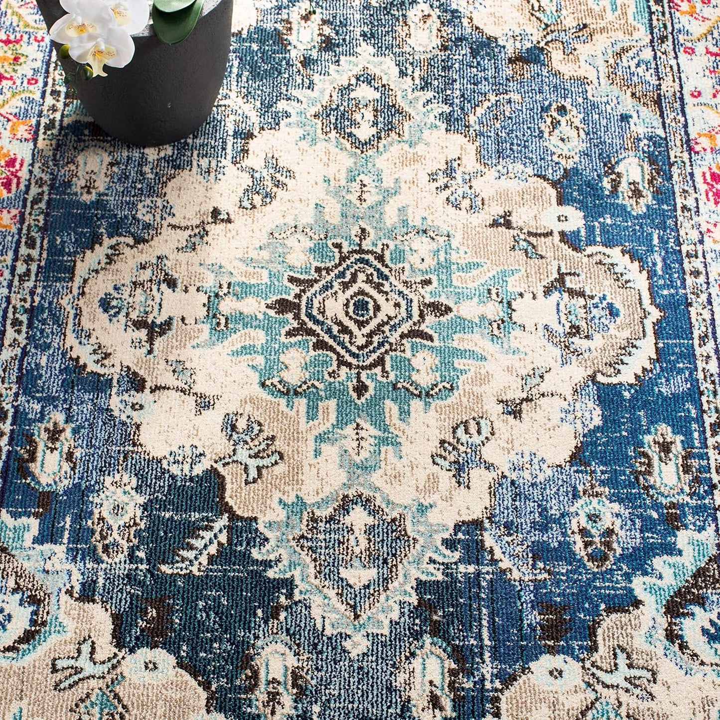 SAFAVIEH Monaco Collection Area Rug - 11' Square, Navy & Light Blue, Boho Chic Medallion Distressed Design, Non-Shedding & Easy Care, Ideal for High Traffic Areas in Living Room, Bedroom (MNC243N)