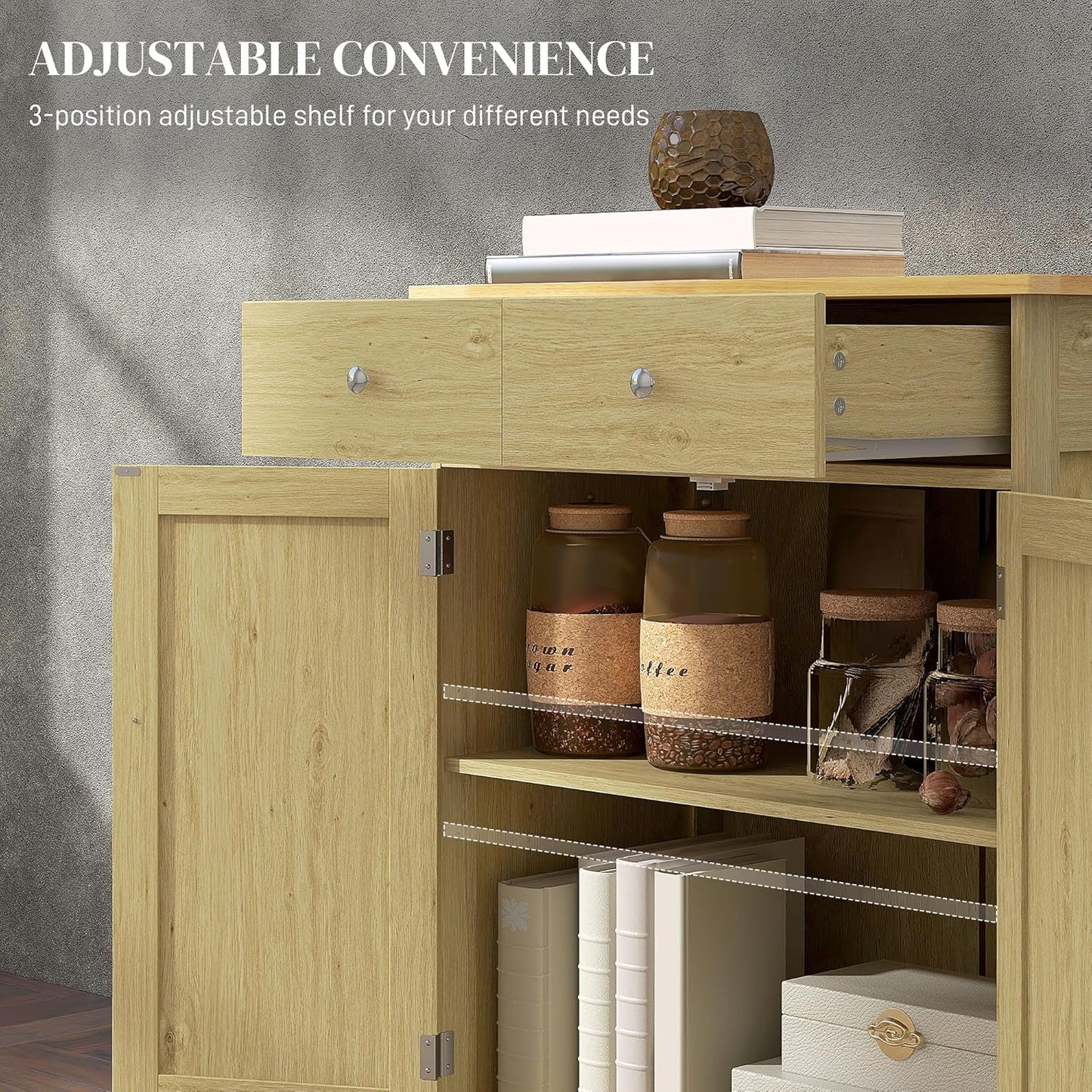 HOMCOM Sideboard with Solid Wood Countertop, Modern Kitchen Storage Cabinet, Coffee Bar Cabinet with 2 Drawers, Doors and Adjustable Shelf, Natural Rattan