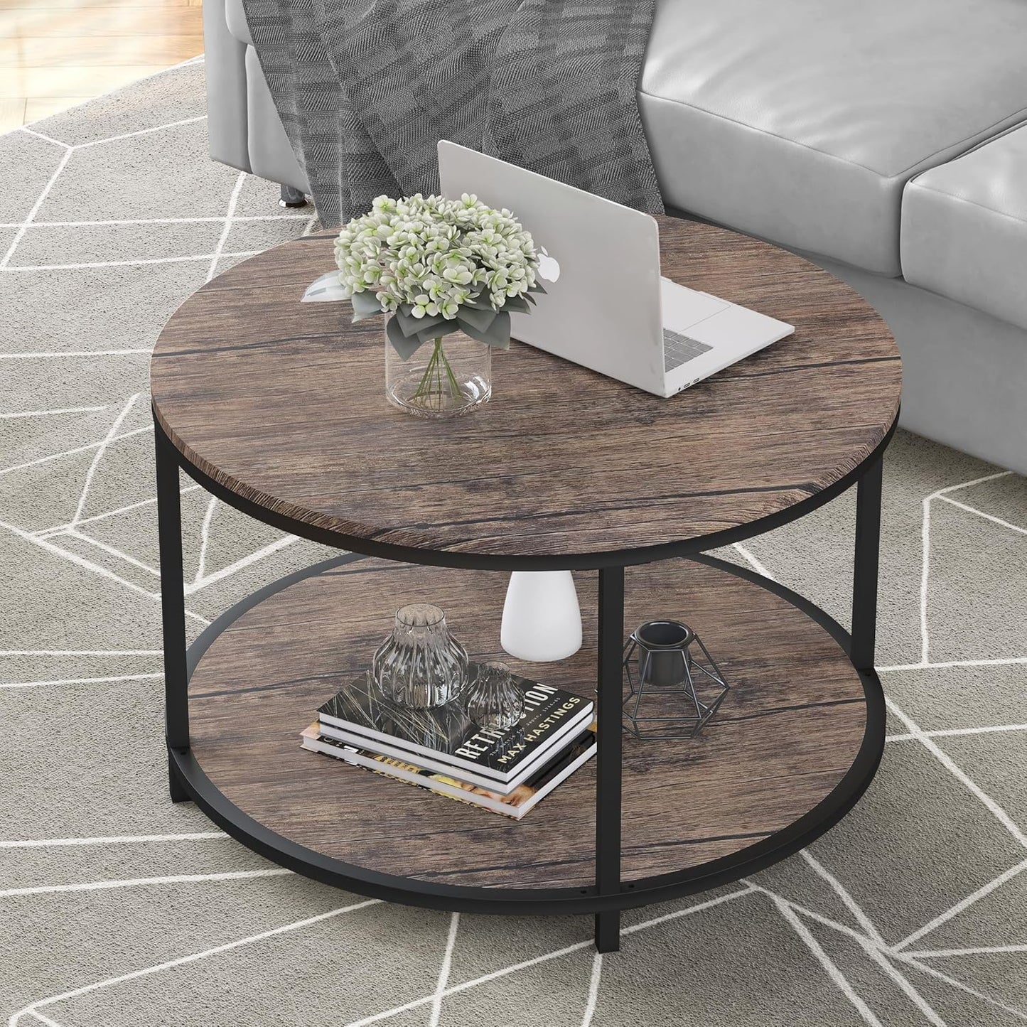 Round Coffee Table, Rustic Wooden Surface Top & Sturdy Metal Legs Industrial Sofa Table for Living Room Modern Design Home Furniture with Storage Open Shelf (Walnut, 25.6 in)