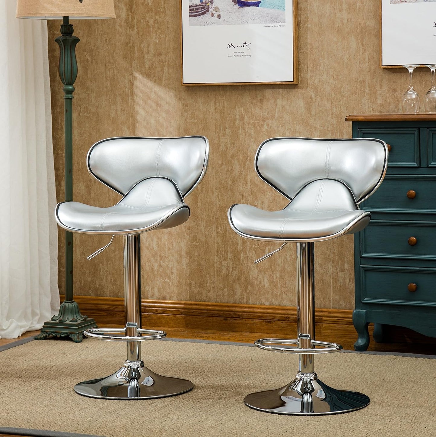 Roundhill Furniture Masaccio Cushioned Leatherette Upholstery Airlift Adjustable Swivel Barstool with Chrome Base, Set of 2, Silver