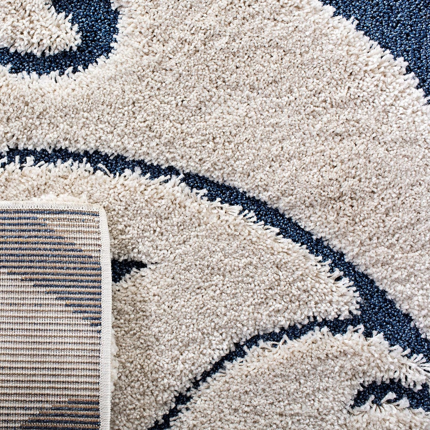SAFAVIEH Florida Shag Collection Area Rug - 8' Square, Cream & Blue, Scroll Design, Non-Shedding & Easy Care, 1.2-inch Thick Ideal for High Traffic Areas in Living Room, Bedroom (SG455-1165)