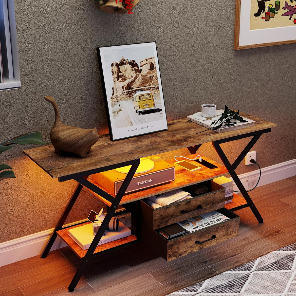 TV Stand with Power Outlet and LED Lights, Fits TVs up to 65”, 2 Fabric Drawers Entertainment Center with Open Storage Shelves, Media Console for Living Room, Bedroom (Rustic Brown)
