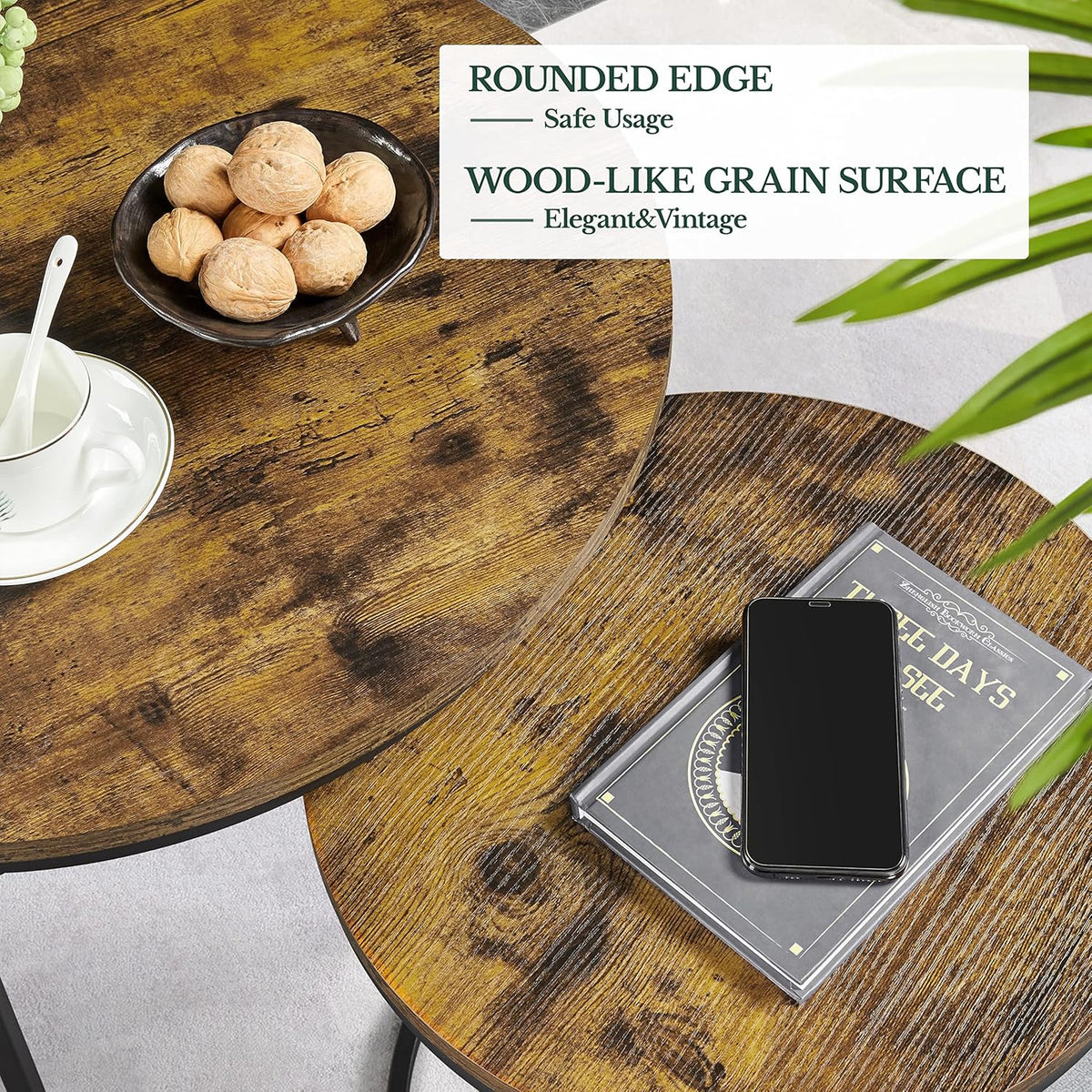 Yaheetech Nesting Coffee Table, Round Coffee Table for Living Room, Nesting Table with Wooden Tabletop and Sturdy Metal Frame, Stacking Living Room Tables Nesting End Table Set of 2, Rustic Brown