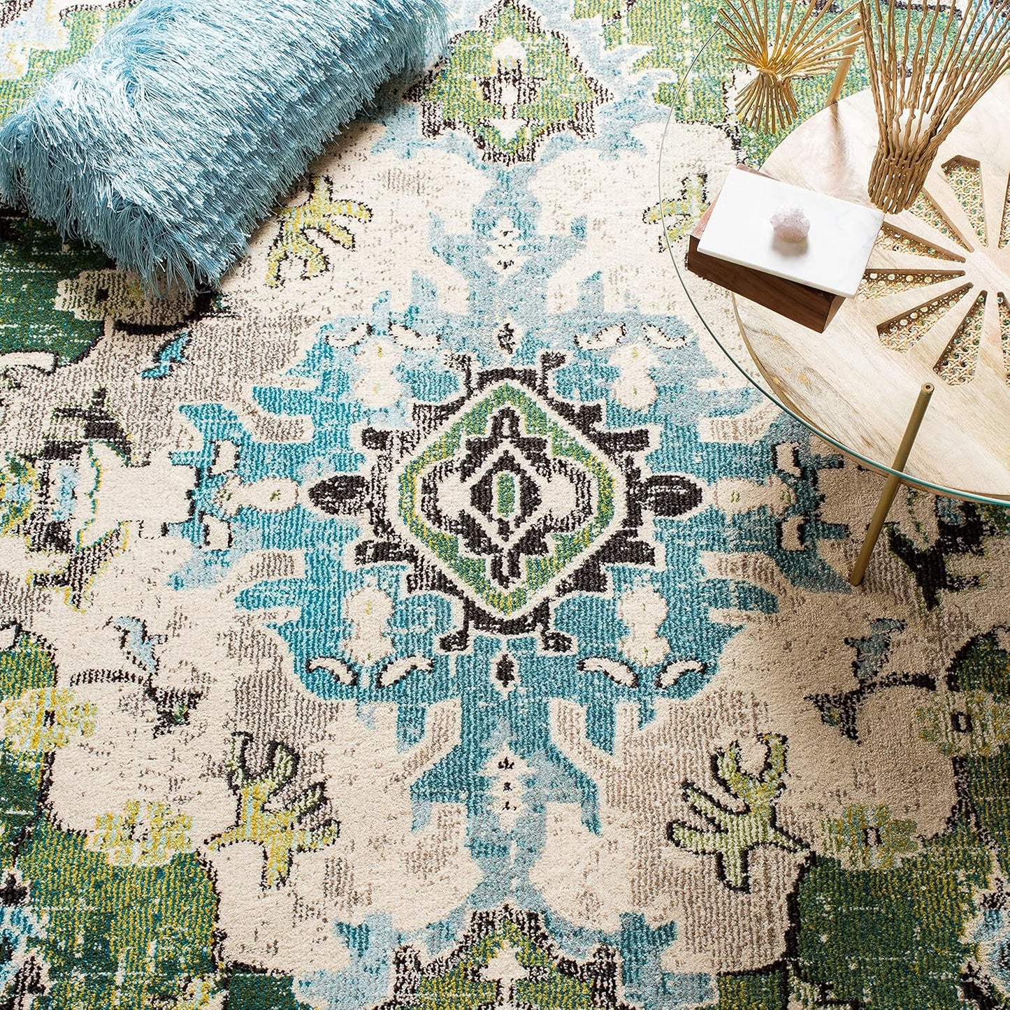 SAFAVIEH Monaco Collection Area Rug - 6'7" Square, Forest Green & Light Blue, Medallion Distressed Design, Non-Shedding & Easy Care, Ideal for High Traffic Areas in Living Room, Bedroom (MNC243F)