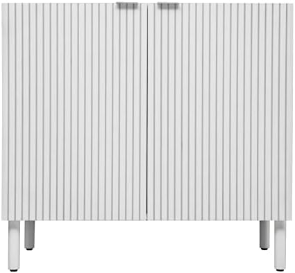 Sango Merk 2-Door Cabinet, Modern White Storage Cabinet with Vertical Groove Doors, Adjustable Shelf, Cylindrical Wood Legs, Discreet Metal Finger Pulls, Stylish Furniture for Living or Dining Room