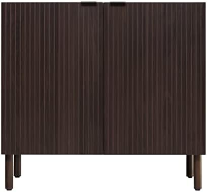 Sango Merk 2-Door Cabinet, Modern Walnut Storage Cabinet with Vertical Groove Doors, Adjustable Shelf, Cylindrical Wood Legs, Discreet Metal Finger Pulls, Stylish Furniture for Living or Dining Room