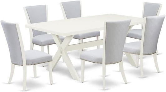 East West Furniture X027VE005-7 7 Piece Dining Set Consist of a Rectangle Dining Room Table with X-Legs and 6 Grey Linen Fabric Upholstered Parson Chairs, 40x72 Inch, Multi-Color
