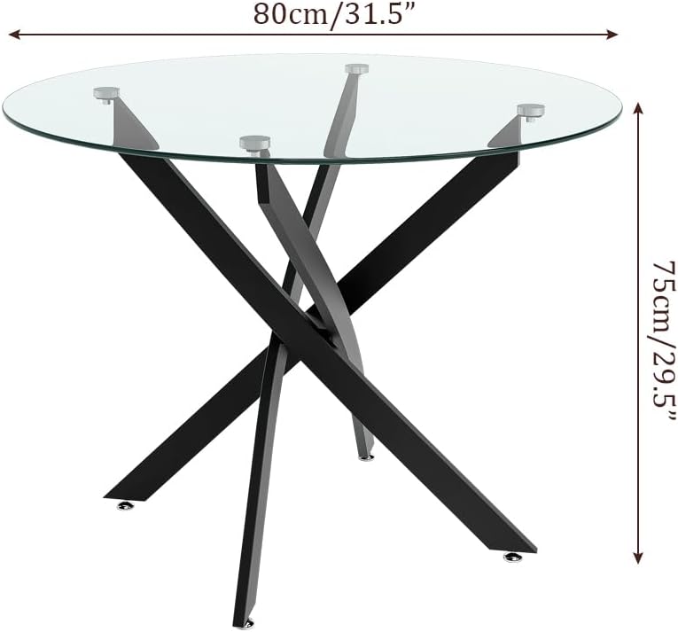 Glass Dining Table Modern Kitchen Table with Black Metal Legs 32 Inch Small Round Dining Table for Apartment Kitchen Dining Room