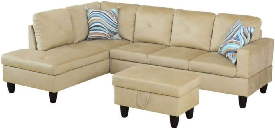 Beige L-Shaped 3-Piece Microfiber Sofa with Storage Ottoman Set, Sectional Couch Sofa Set for Living Room, Office, Small Space