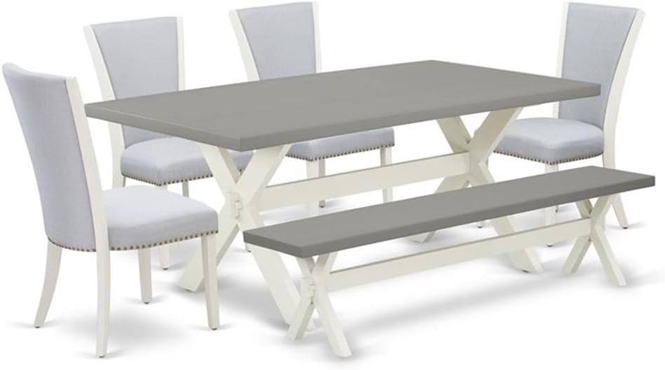East West Furniture X097VE005-6 6 Piece Dining Room Table Set Contains a Rectangle Kitchen Table with X-Legs and 4 Grey Linen Fabric Parson Chairs with a Bench, 40x72 Inch, Multi-Color