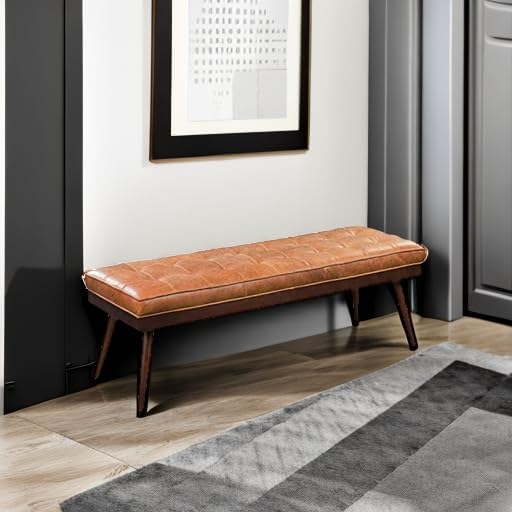 POLY & BARK 55" Tufted Leather Bed Bench for Bedroom End of Bed - Living Room Entry Way Bench - Pure Italian Leather Upholstery with a Solid Wood Frame - Ottoman Bench with Wooden Legs - Cognac Tan