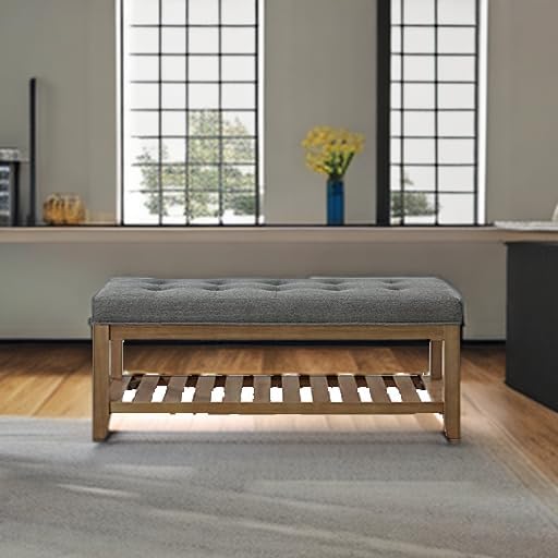 24KF Large Rectangular Upholstered Tufted Linen Fabric Ottoman Bench, Padded Bench with Solid Wood Shelf-Granite