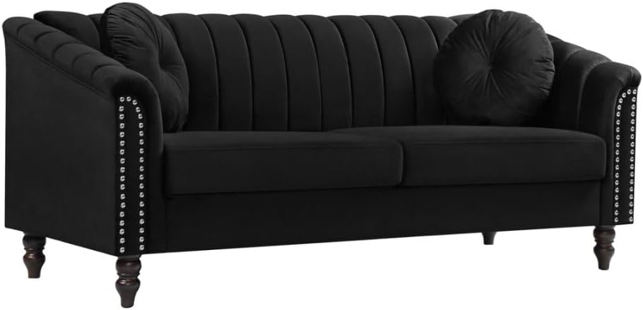 Sectional Sofa Set, Microfiber Chesterfield Upholstered Sofas Loveseat Couch Chair Sets with Style Button Tufted, Scroll Arms and Nailhead for Living Room, Office, Apartment-Black,S