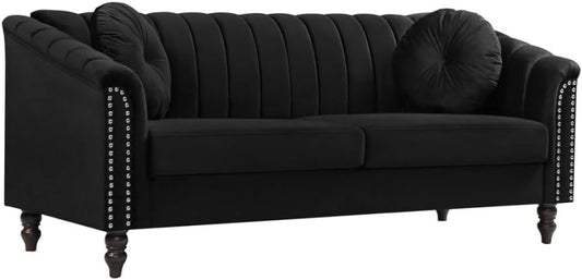 Sectional Sofa Set, Microfiber Chesterfield Upholstered Sofas Loveseat Couch Chair Sets with Style Button Tufted, Scroll Arms and Nailhead for Living Room, Office, Apartment-Black,S