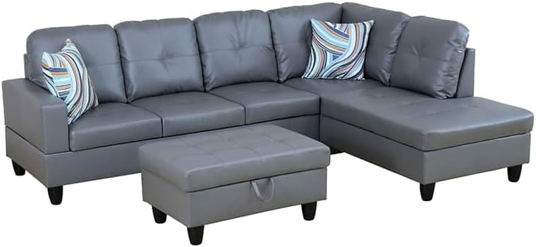 NicBex Sectional Couch 3 Pieces Sofa Set with Left Chaise Synthetic Leather L Shaped Cloud Couch for Living Room Furniture Sets with Storage Ottoman, Modular Sofa for Apartment, Silver Gray