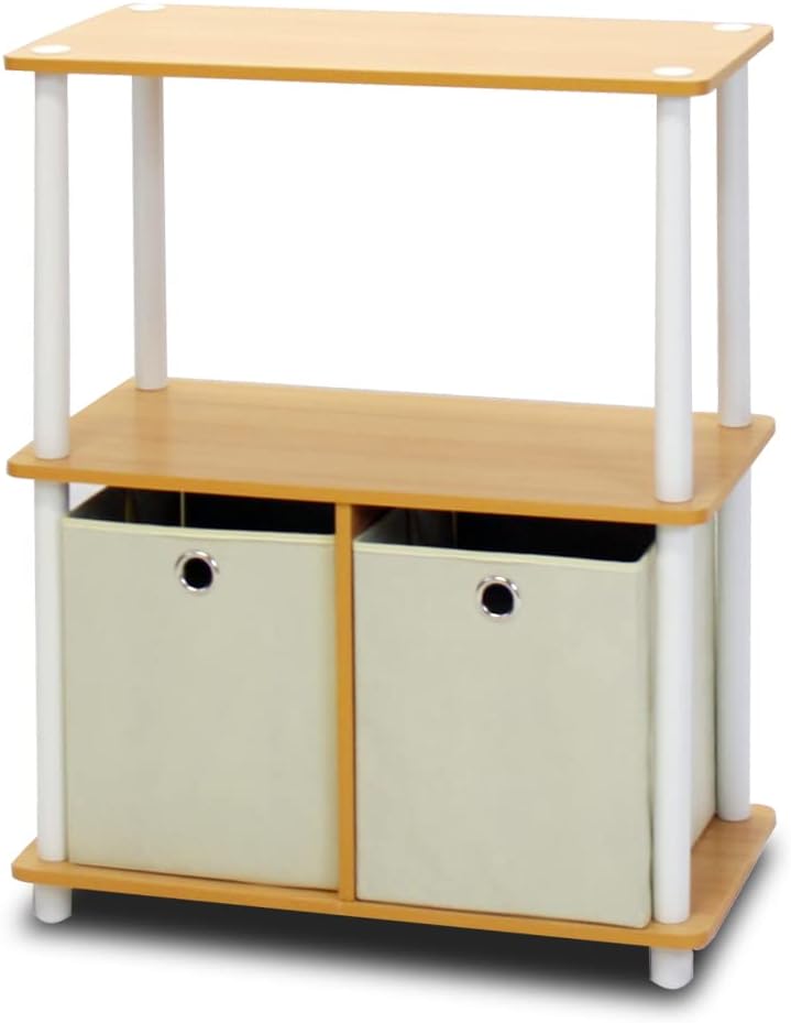 Furinno Go Green 3-Tier 2-Bin Multi-Purpose Storage Shelf (Set of 2), Beech