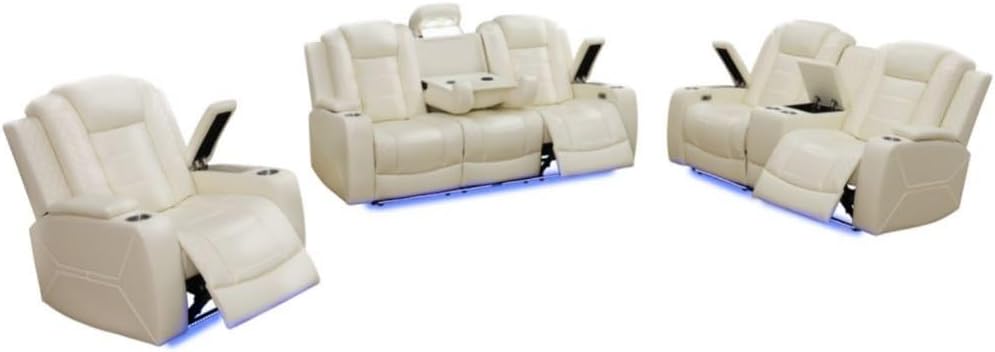 Electric Power Recliner Chair/Loveseat/Sofa Living Room, Comfy Home Theater Breathing Leather Seating with USB 2.0 Charging Ports, LED Light Strips, Fold-Down Table & Cupholders (White-2)