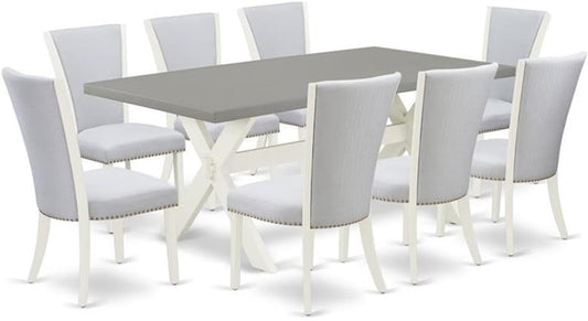 East West Furniture X097VE005-9 9 Piece Dining Table Set Includes a Rectangle Dining Room Table with X-Legs and 8 Grey Linen Fabric Upholstered Chairs, 40x72 Inch, Multi-Color