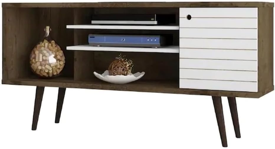 Manhattan Comfort Liberty Mid Century Modern TV Stand for Televisions up to 50 Inches, Bedroom and Living Room Entertainment Center with Storage, Shelves, and Cabinet, 53" Wide, Rustic Brown/White