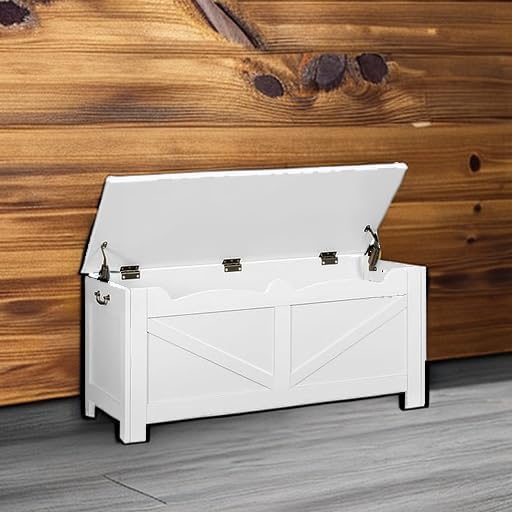 39.4" Storage Chest, Extra Large Storage Trunk with 2 Safety Hinges, Wooden Box Bench, Lift-Top Organizer Chest, Shoe Bench for Entryway, Bedroom, Living Room, White SB04503X