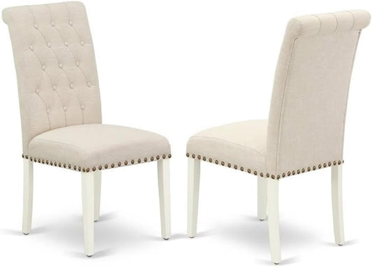 East West Furniture BRP2T02 Bremond Parsons Dining Chairs - Button Tufted Nailhead Trim Light Beige Linen Fabric Upholstered Chairs, Set of 2, Linen White