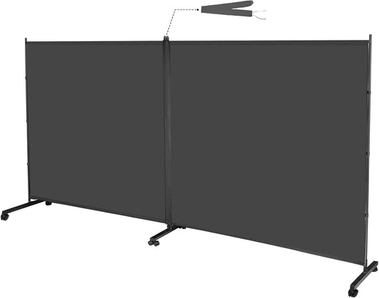 MAYOLIAH Indoor Room Divider 2 Large Panels on Wheels, 142”W x 75”H Rolling Privacy Screen W/Cover Strip, Portable Wall Divider for Home Office Partition, Grey