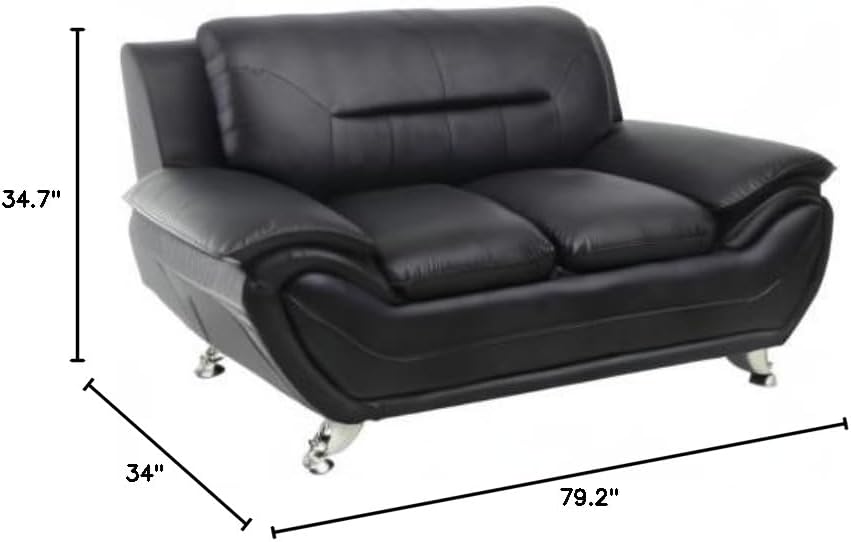 Container Furniture Direct Michael Modern Faux Leather Upholstered Stainless Steel Legs Living Room Loveseat, Midnight Black