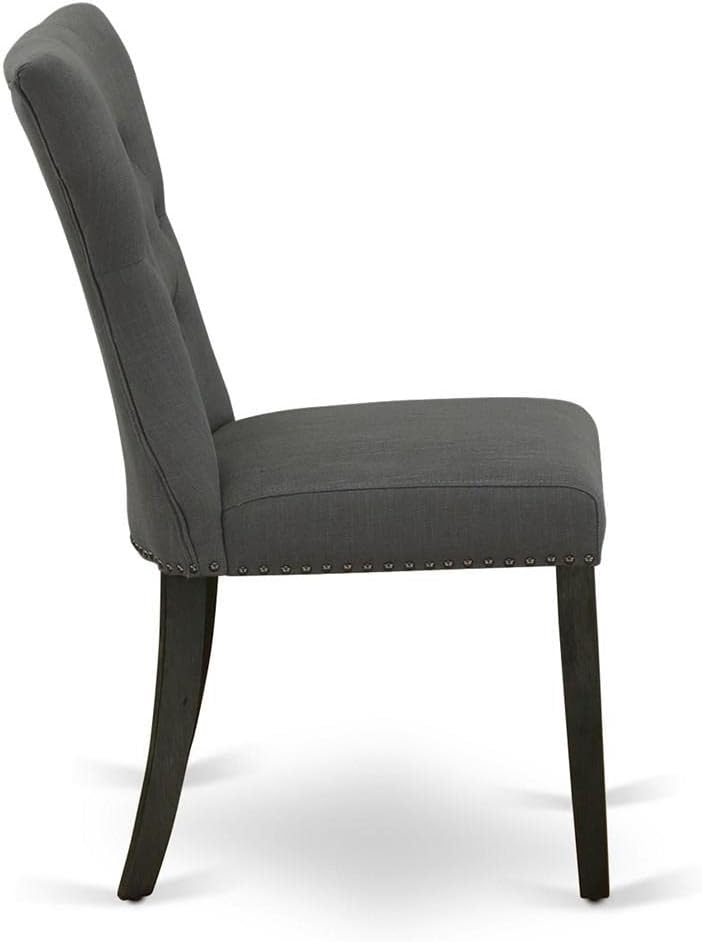 East West Furniture GAP6T50 Gallatin Parson Chairs - Button Tufted Nailhead Trim Dark Gotham Linen Fabric Upholstered Dining Chairs, Set of 2, Wirebrushed Black