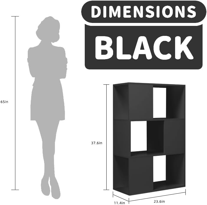 GHC 3 Tier Bookshelf, Wood Decorative Storage Shelving, Modern Freestanding Display Shelves, Tall Book Shelf Unit for Living Room, Bedroom, Office-Black