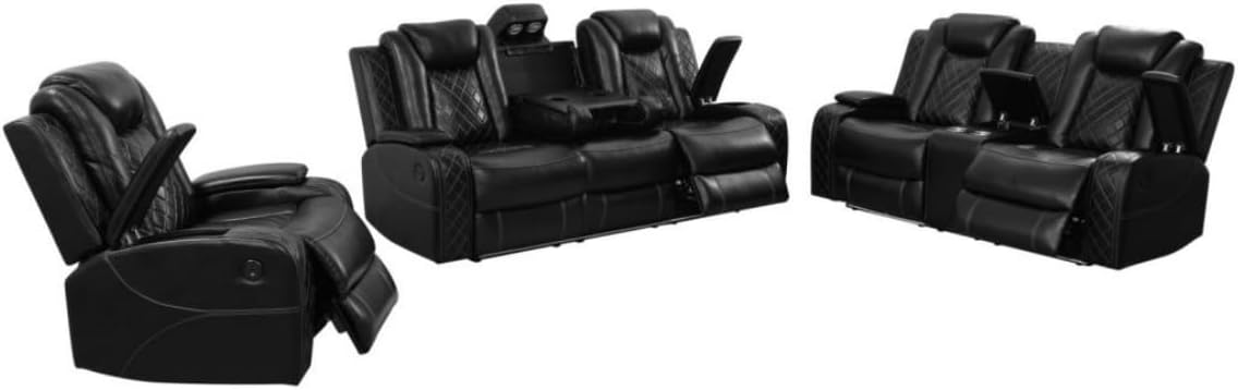 Electric Power Recliner Chair/Loveseat/Sofa Living Room, Comfy Home Theater Breathing Leather Seating with USB 2.0 Charging Ports, LED Light Strips, Fold-Down Table & Cupholders (Black, 3-Piece)