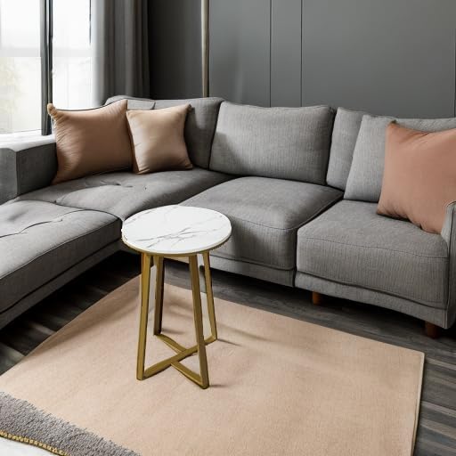 Round End Tables, Small Side Table White Marble Texture MDF Top,Metal Frame Gold Color, Tall End Table for Bed Room,Coffee Tea End Table for Living Room (White Marble+Gold)
