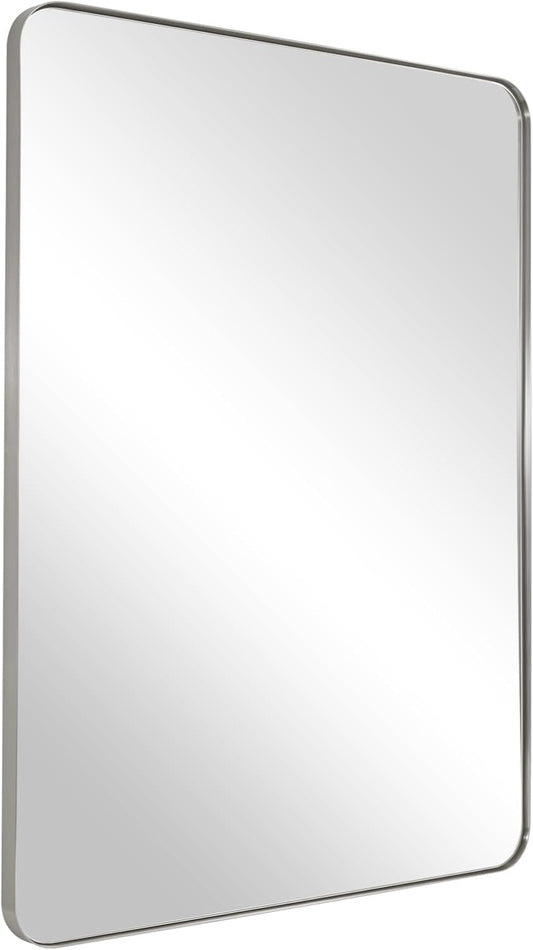 ANDY STAR Brushed Nickel Mirror for Wall, 20”x28” Silver Rectangle Bathroom Mirror, Modern Metal Mirror in Rounded Corner Stainless Steel Frame, 1’’ Deep Set Design Hangs Horizontal Or Vertical
