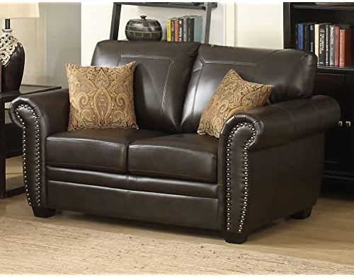 AC Pacific Louis Collection Traditional Upholstered Leather Living Room Piece with Antique Brass Nail Head Trim, Loveseat, Dark Brown