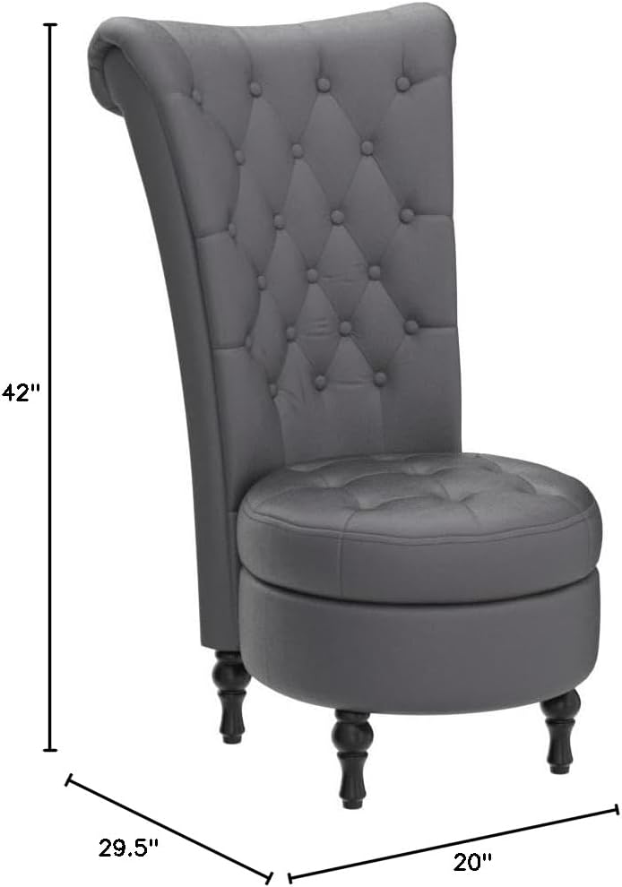 Container Furniture Direct Royal High-Back Velvet Accent Chair for Vanity with Storage and Luxurious Upholstery, Retro Design and Versatile Usage for Livingroom, Bedroom, Lounge and Office, Grey
